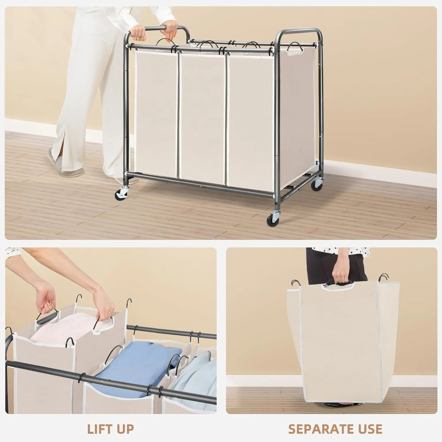 STORAGE MANIAC 3 Section Laundry Sorter, 3 Bag Hamper Cart With Heavy Duty Rolling Lockable Wheels and Removable Bags, Clothes Separator Organizer Basket, Beige