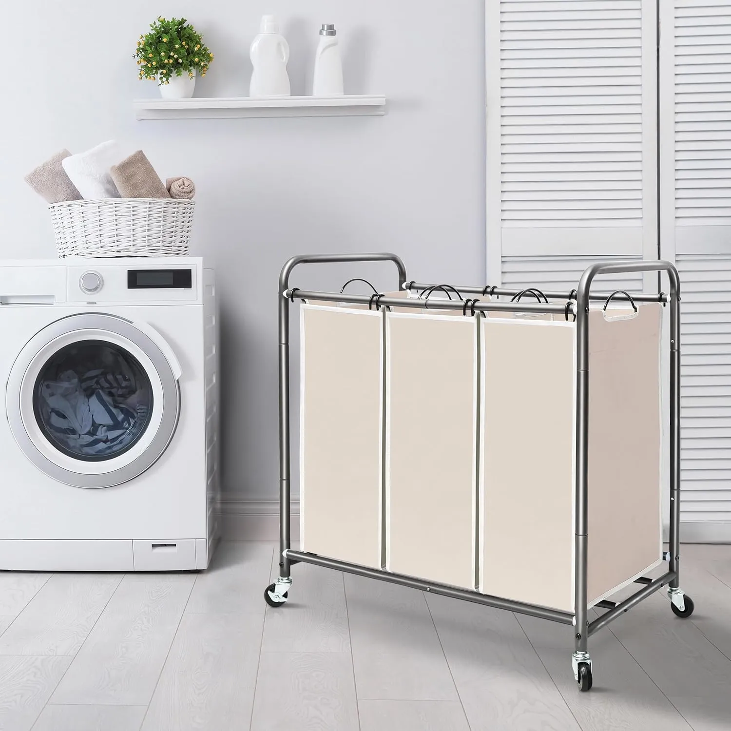 STORAGE MANIAC 3 Section Laundry Sorter, 3 Bag Hamper Cart With Heavy Duty Rolling Lockable Wheels and Removable Bags, Clothes Separator Organizer Basket, Beige