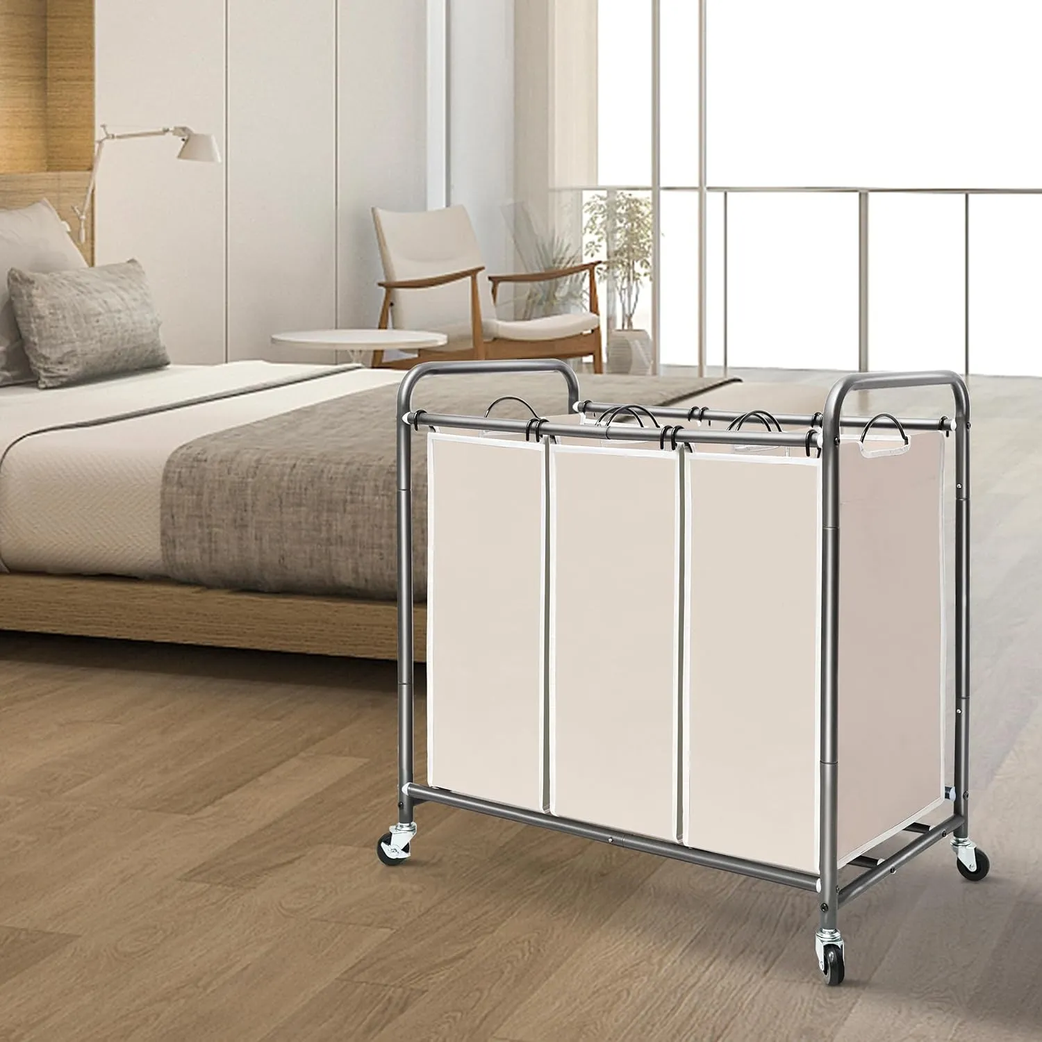STORAGE MANIAC 3 Section Laundry Sorter, 3 Bag Hamper Cart With Heavy Duty Rolling Lockable Wheels and Removable Bags, Clothes Separator Organizer Basket, Beige