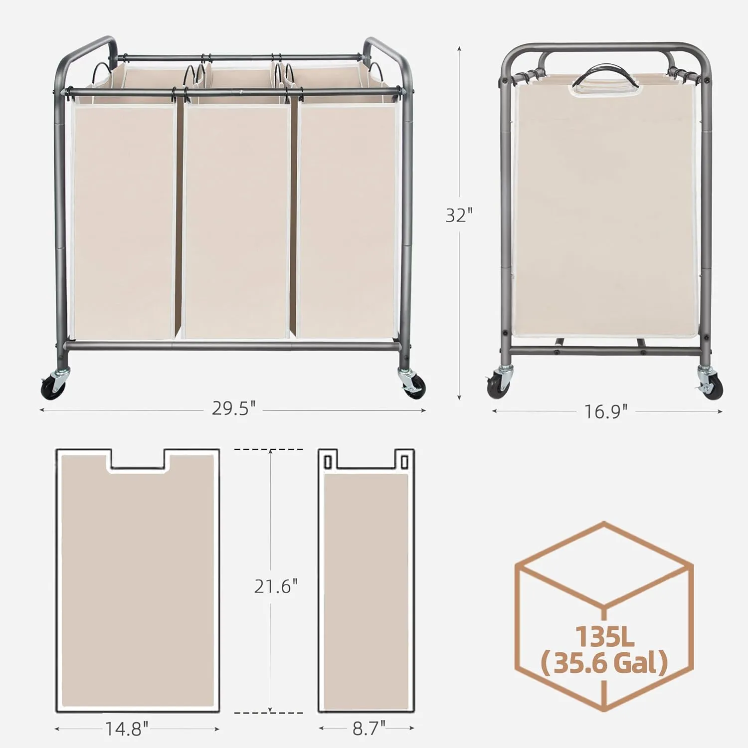 STORAGE MANIAC 3 Section Laundry Sorter, 3 Bag Hamper Cart With Heavy Duty Rolling Lockable Wheels and Removable Bags, Clothes Separator Organizer Basket, Beige