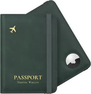 Stouchi Passport Holder with Airtag Slot, Airtag Passport Wallet for Men, Slim Leather Passport Holder Case Family for Travel Anti-Lost, Green