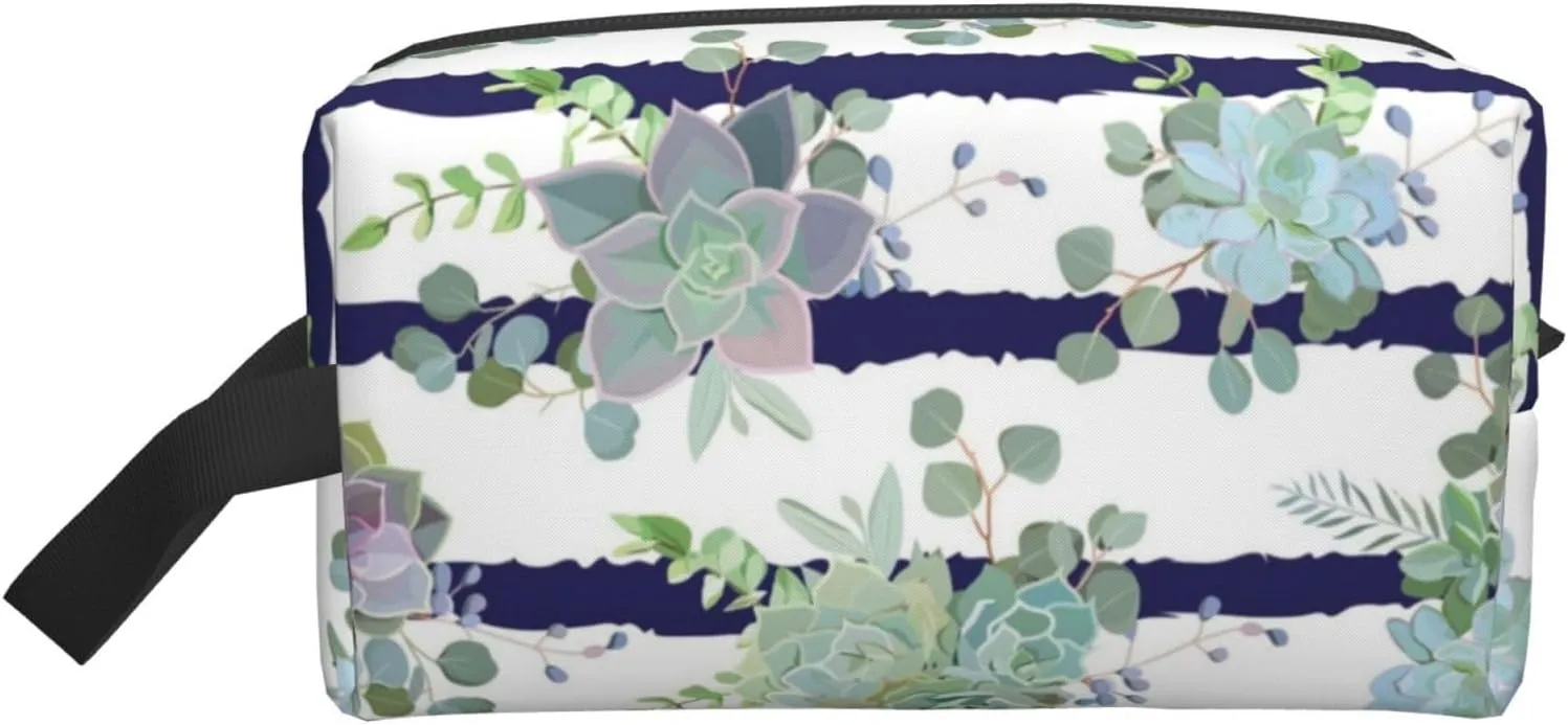 Striped Succulents Print Travel Cosmetic Large Capacity Zippered Storage Bag For Toiletries Daily Essentials