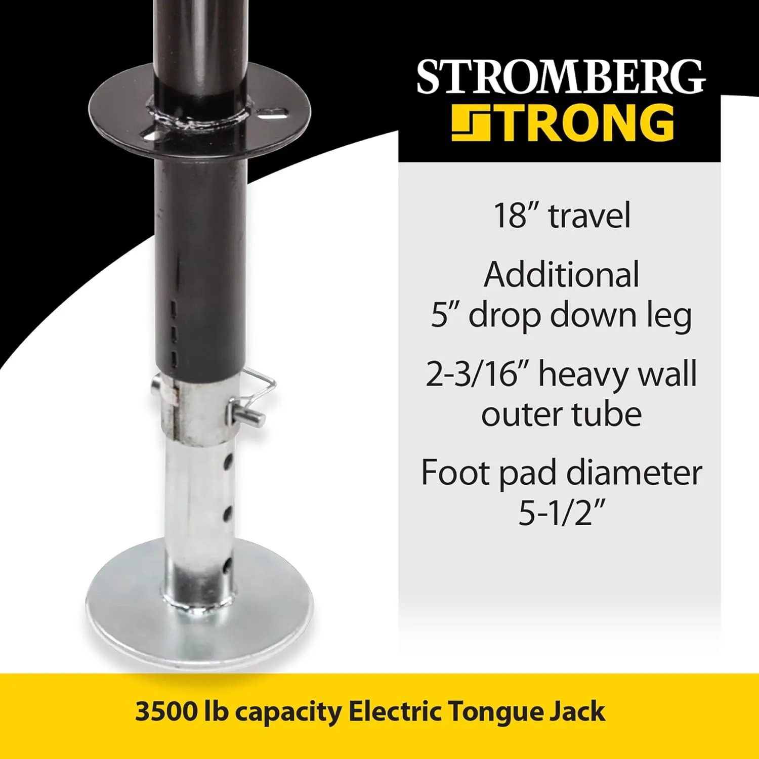 Stromberg Carlson JET-3555 Electric Tongue Jack - Heavy Duty Jack with Motor Protection, 18" Travel & 5" Drop Down Leg, Stabilizing, Leveling & Lifting RV, Camper, Utility Trailers, White, 3500 lb