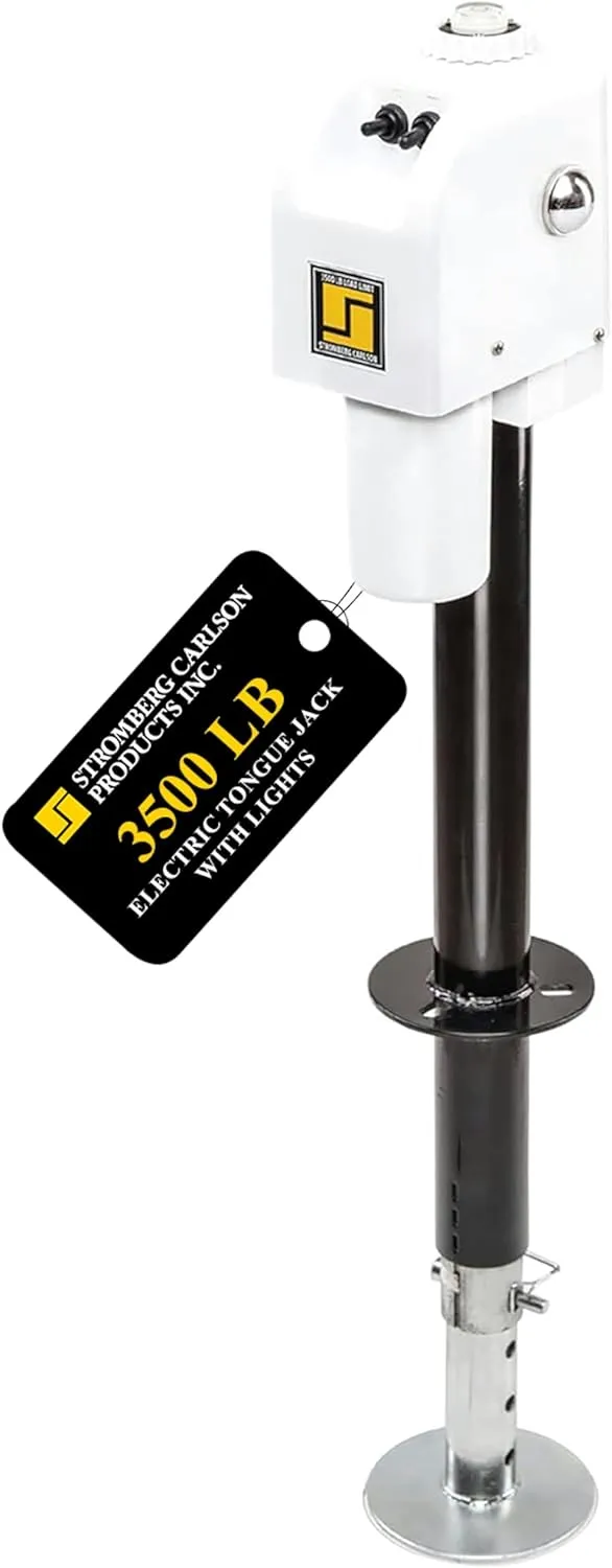 Stromberg Carlson JET-3555 Electric Tongue Jack - Heavy Duty Jack with Motor Protection, 18" Travel & 5" Drop Down Leg, Stabilizing, Leveling & Lifting RV, Camper, Utility Trailers, White, 3500 lb