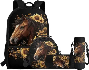 Sunflower Horse Backpack for School Girls with Lunch Box 4Pcs Middle School Bag and Lunch Bag Set Pencil Case Water Bottle Sleeve Elementary Bookbag for Boys Teens Back To School Satchel