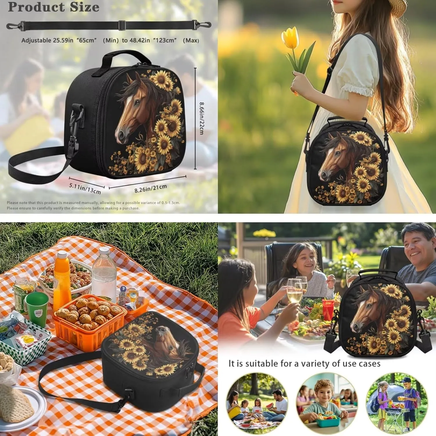 Sunflower Horse Backpack for School Girls with Lunch Box 4Pcs Middle School Bag and Lunch Bag Set Pencil Case Water Bottle Sleeve Elementary Bookbag for Boys Teens Back To School Satchel