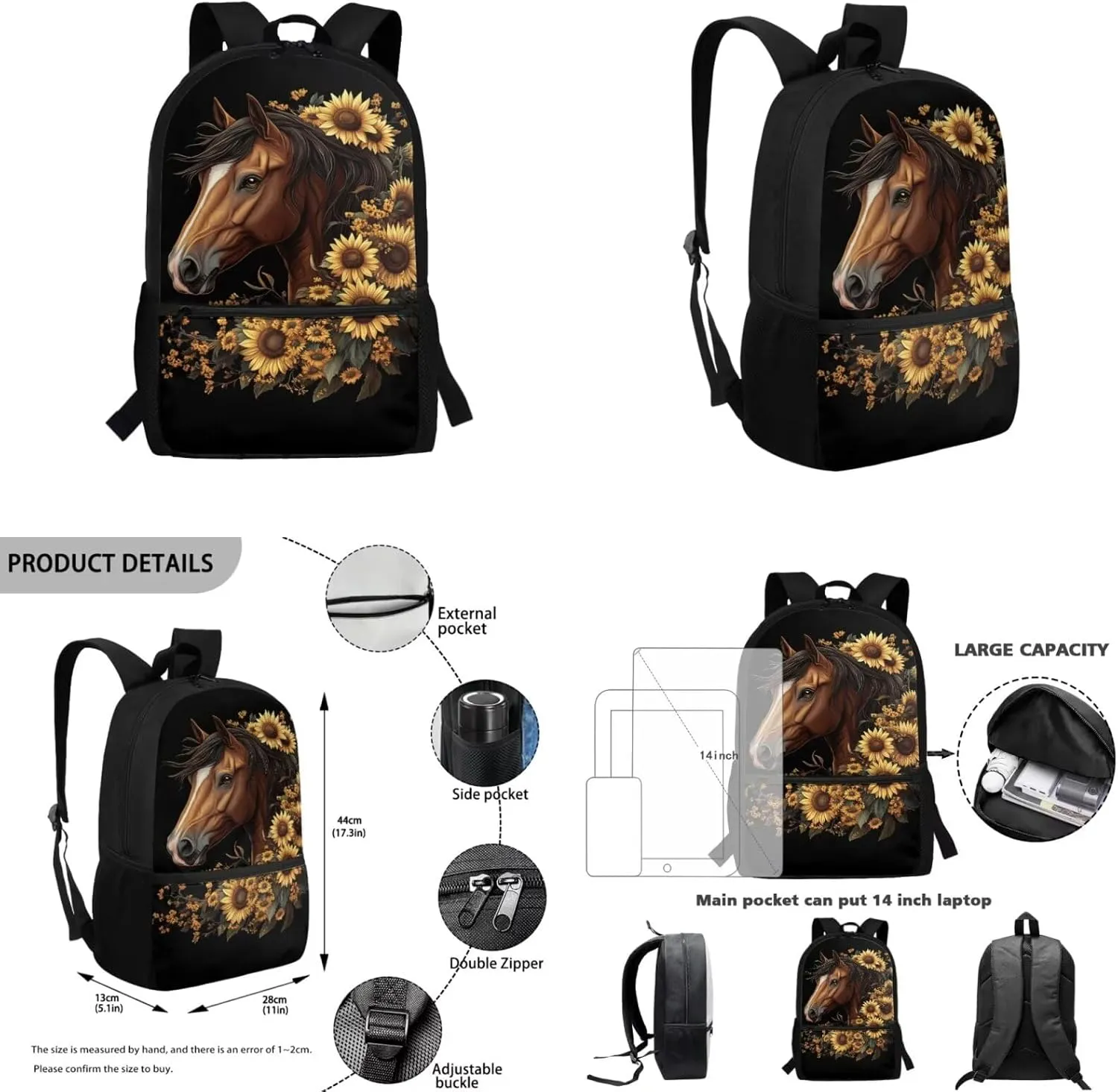Sunflower Horse Backpack for School Girls with Lunch Box 4Pcs Middle School Bag and Lunch Bag Set Pencil Case Water Bottle Sleeve Elementary Bookbag for Boys Teens Back To School Satchel