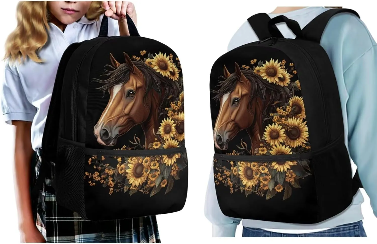 Sunflower Horse Backpack for School Girls with Lunch Box 4Pcs Middle School Bag and Lunch Bag Set Pencil Case Water Bottle Sleeve Elementary Bookbag for Boys Teens Back To School Satchel