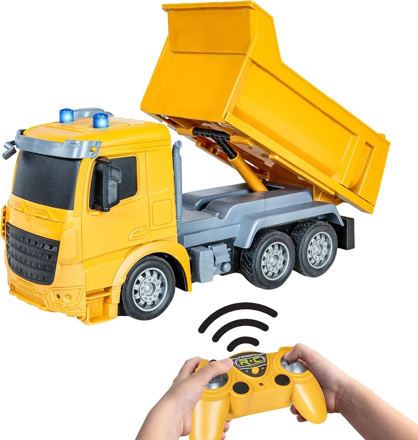 Sunnydaze Dump and Drive Remote Control Dump Truck Toy - 1:20 Scale Light-Up RC Construction Truck with Controller - Ages 3 and Up