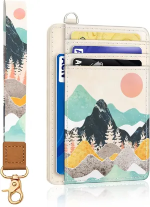 Sunrise Mountain Credit Card Holder Slim Wallet, RFID Wallet Women Front Pocket Wristlet Lanyard, Small Card Holder Travel Funny Cute Thin Card Case ID Window PU Leather Card Organizer Gifts