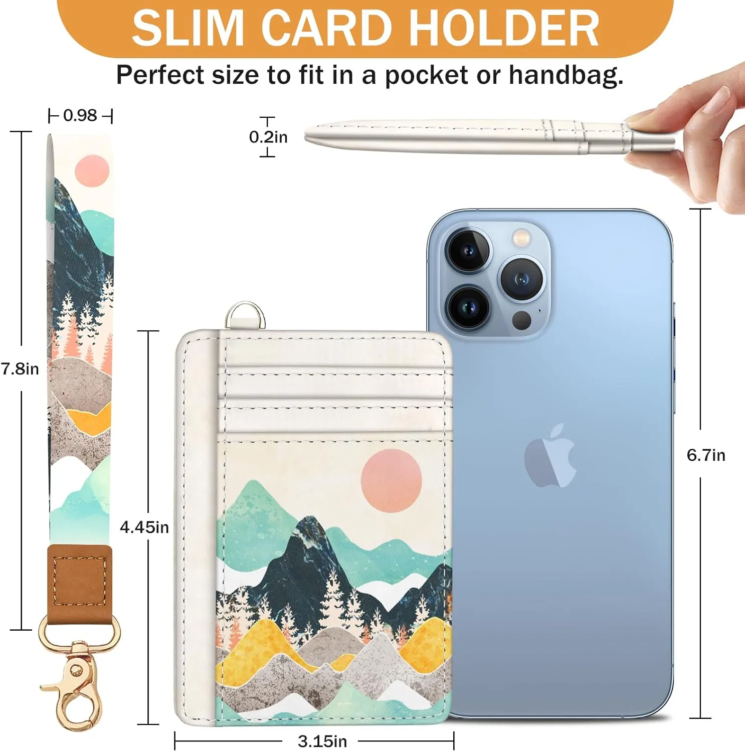 Sunrise Mountain Credit Card Holder Slim Wallet, RFID Wallet Women Front Pocket Wristlet Lanyard, Small Card Holder Travel Funny Cute Thin Card Case ID Window PU Leather Card Organizer Gifts