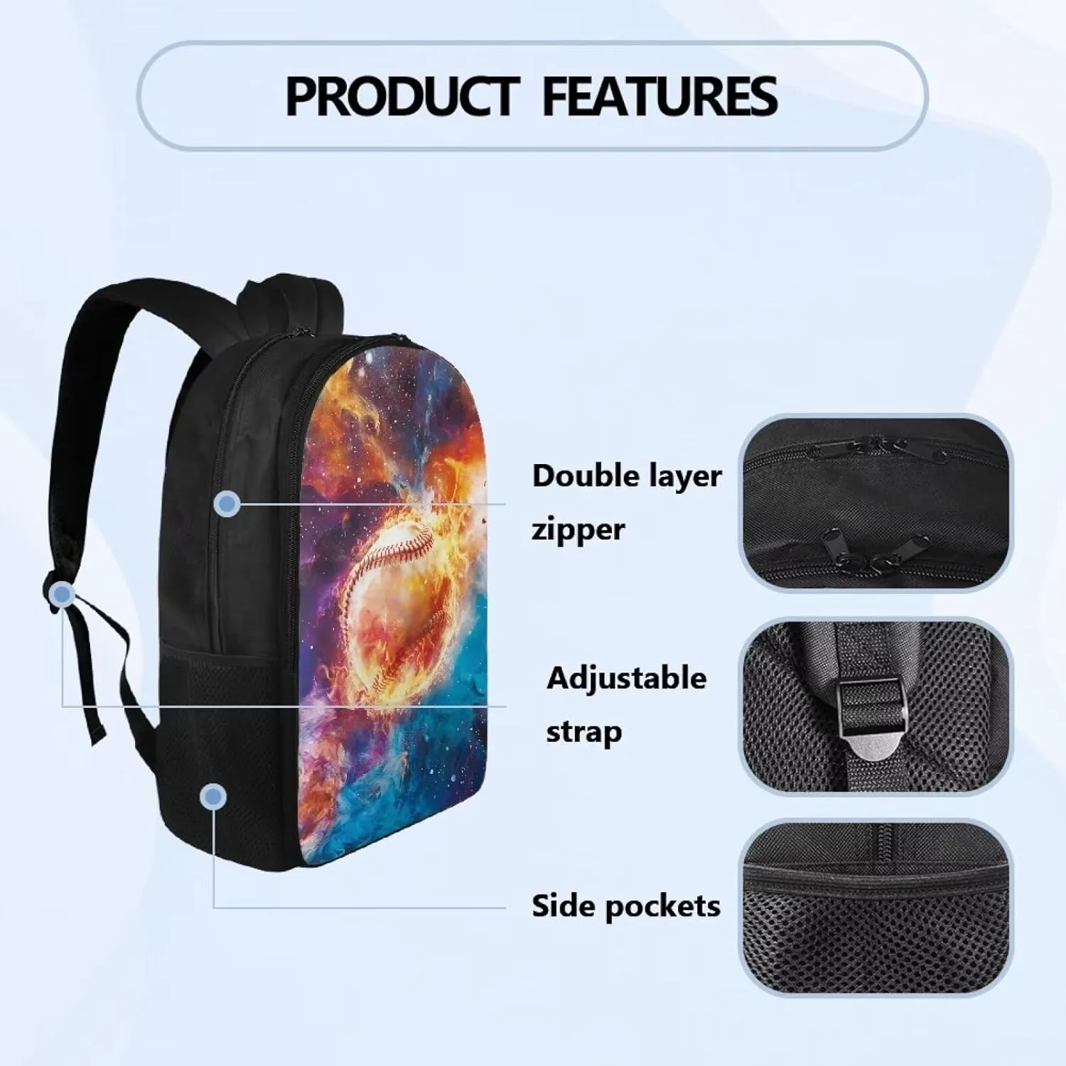 Suobstales Baseball Fire Galaxy Pattern School Bag Kids Boys Girls Bookbags Laptop Backpack Shoulder Bag Casual Daypack Knapsack School Backpacks for Teenage Middle School