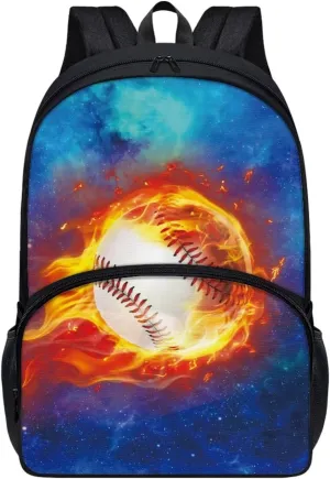 Suobstales Baseball Fire Galaxy Print Kids School Backpack for Boys Girls Kindergarten Middle School Backpacks Casual Travel Daypack Junior School Student Backpack Rucksack with Adjustable Straps