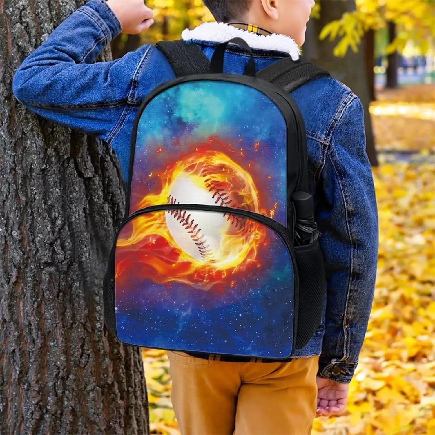 Suobstales Baseball Fire Galaxy Print Kids School Backpack for Boys Girls Kindergarten Middle School Backpacks Casual Travel Daypack Junior School Student Backpack Rucksack with Adjustable Straps