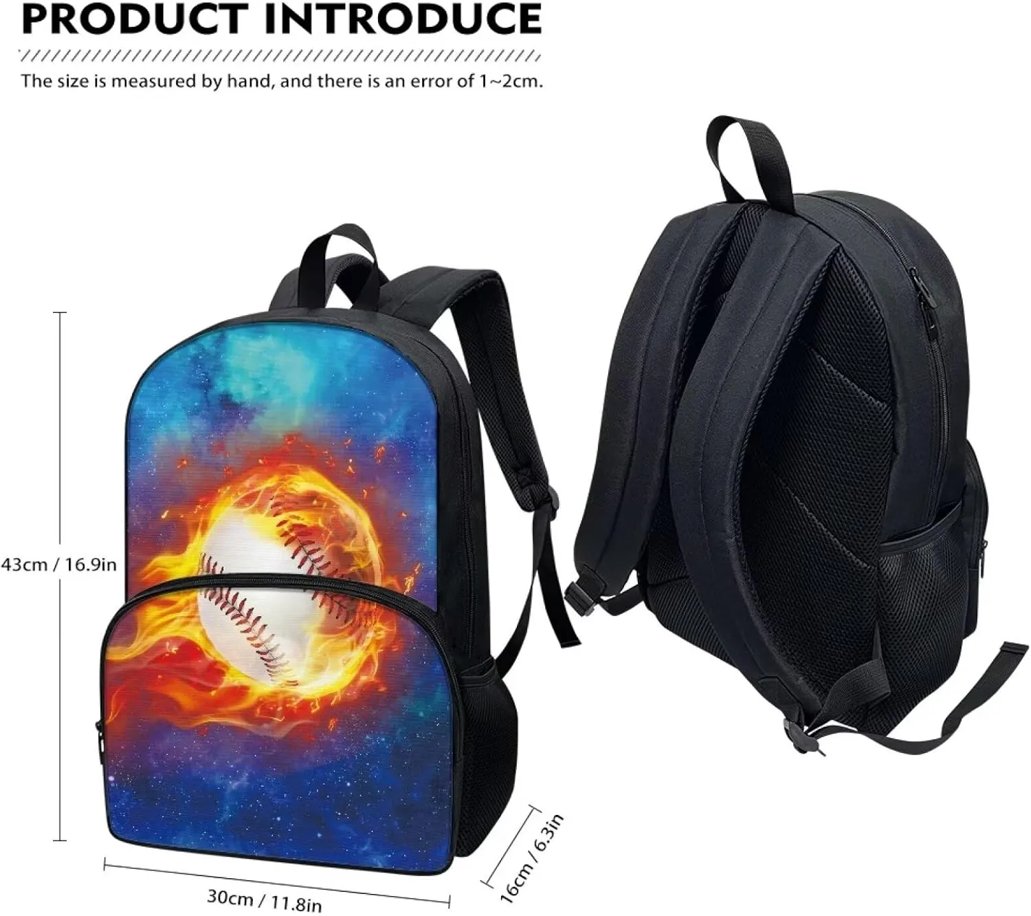 Suobstales Baseball Fire Galaxy Print Kids School Backpack for Boys Girls Kindergarten Middle School Backpacks Casual Travel Daypack Junior School Student Backpack Rucksack with Adjustable Straps