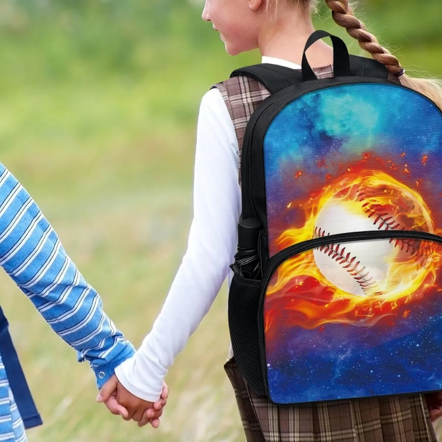 Suobstales Baseball Fire Galaxy Print Kids School Backpack for Boys Girls Kindergarten Middle School Backpacks Casual Travel Daypack Junior School Student Backpack Rucksack with Adjustable Straps