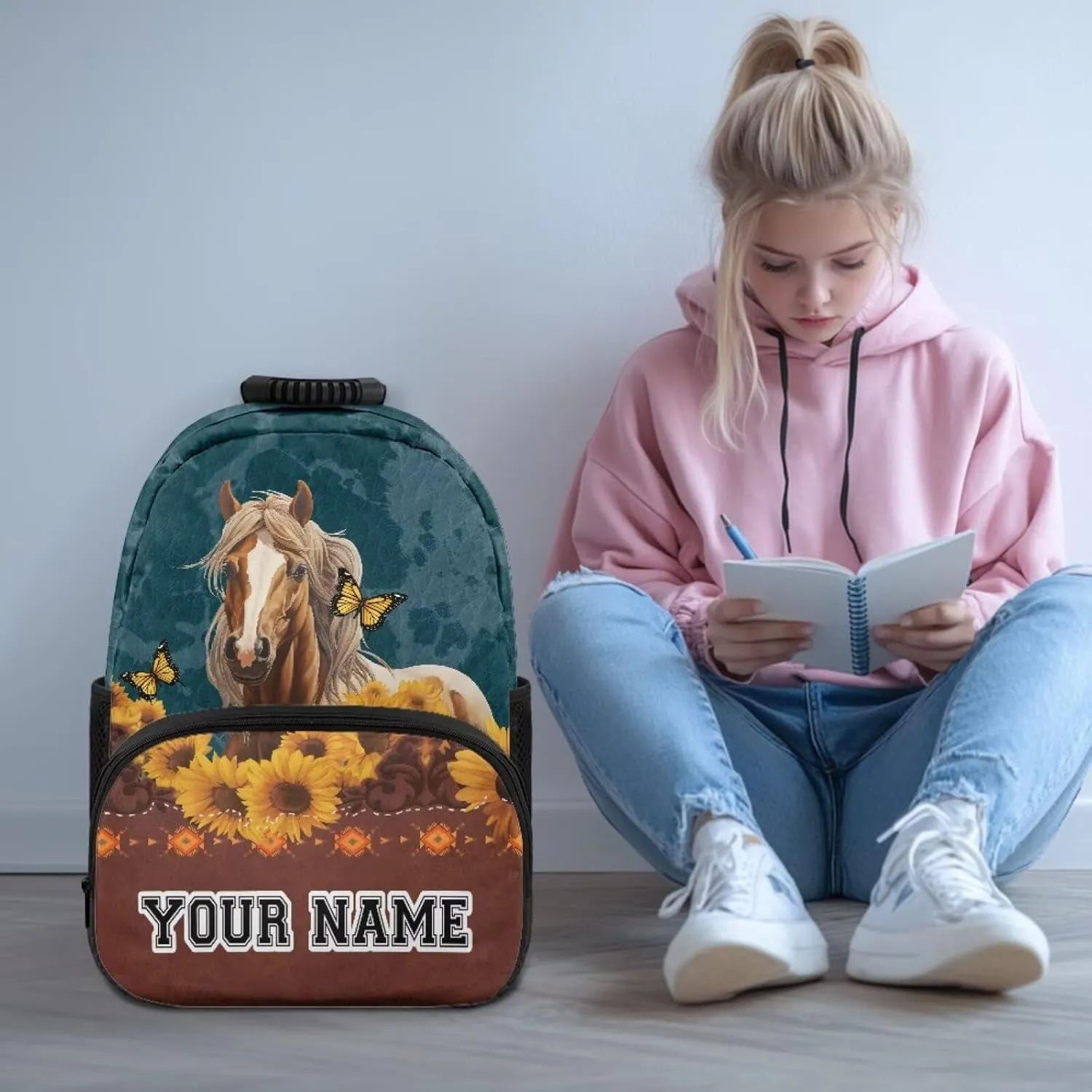 Suobstales Horse Sunflower Geometric Print Custom School Backpacks for Girls Kids Personalized Name Bookbag for Travel, Camping, Large Capacity School Bag for Kindergarten Preschool Elementary