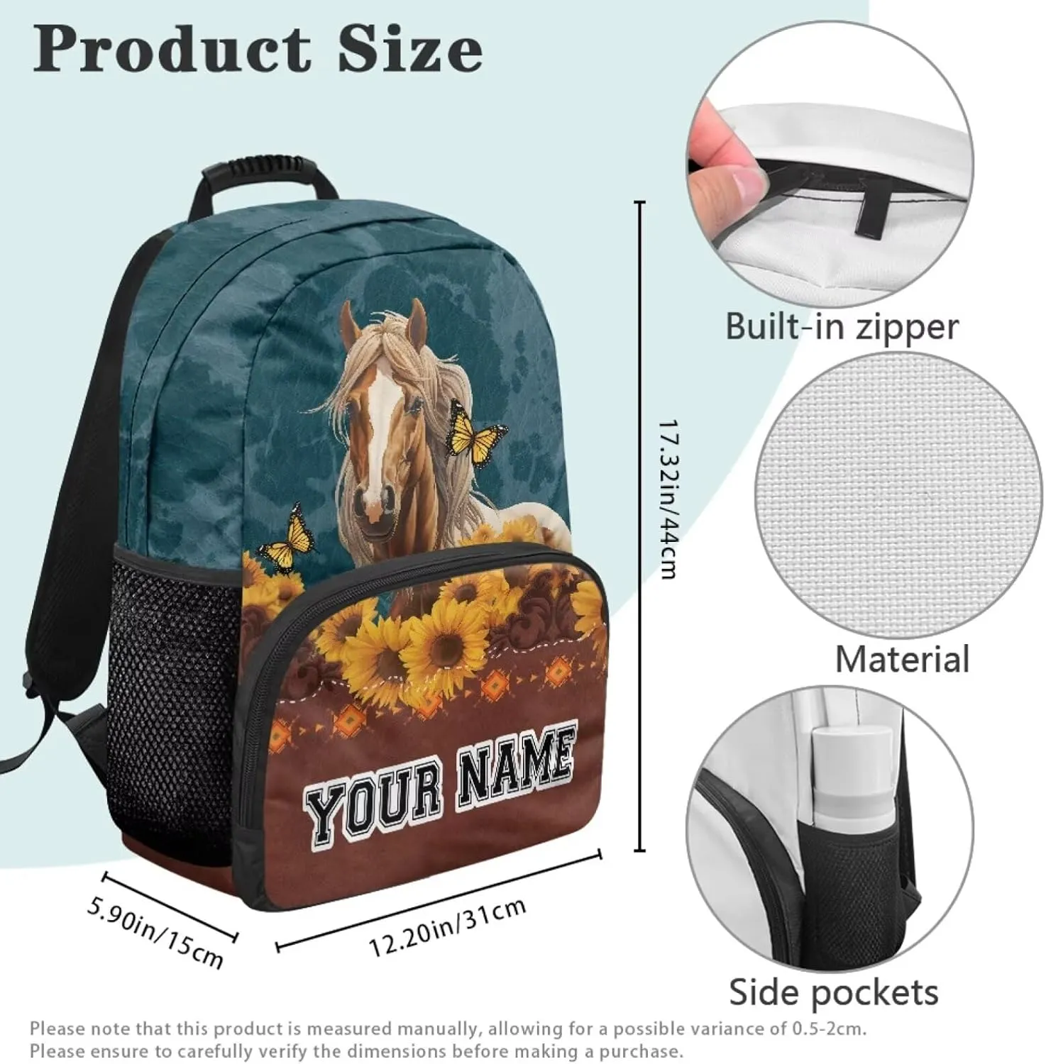 Suobstales Horse Sunflower Geometric Print Custom School Backpacks for Girls Kids Personalized Name Bookbag for Travel, Camping, Large Capacity School Bag for Kindergarten Preschool Elementary