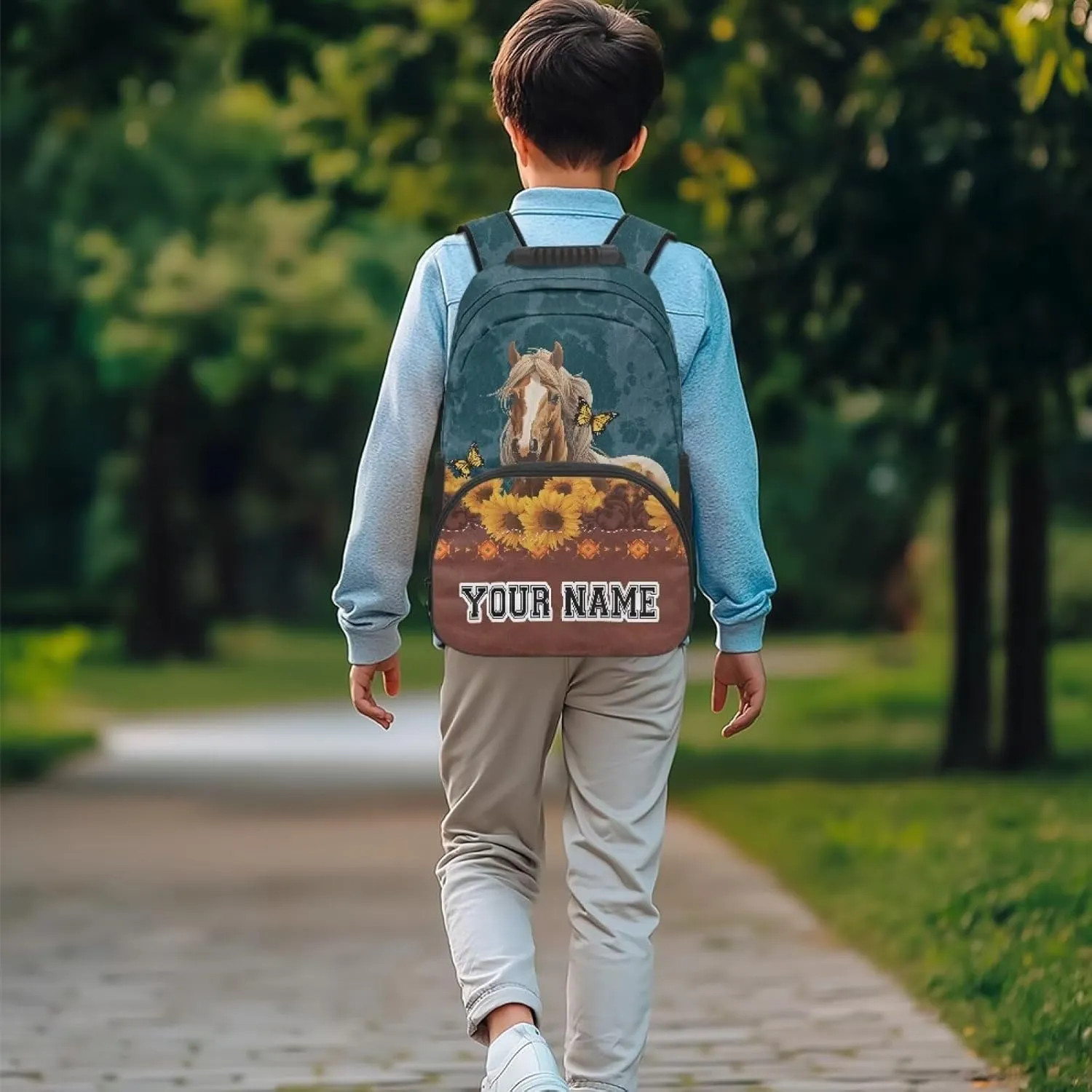 Suobstales Horse Sunflower Geometric Print Custom School Backpacks for Girls Kids Personalized Name Bookbag for Travel, Camping, Large Capacity School Bag for Kindergarten Preschool Elementary