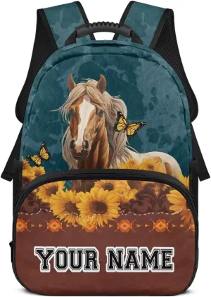 Suobstales Horse Sunflower Geometric Print Custom School Backpacks for Girls Kids Personalized Name Bookbag for Travel, Camping, Large Capacity School Bag for Kindergarten Preschool Elementary