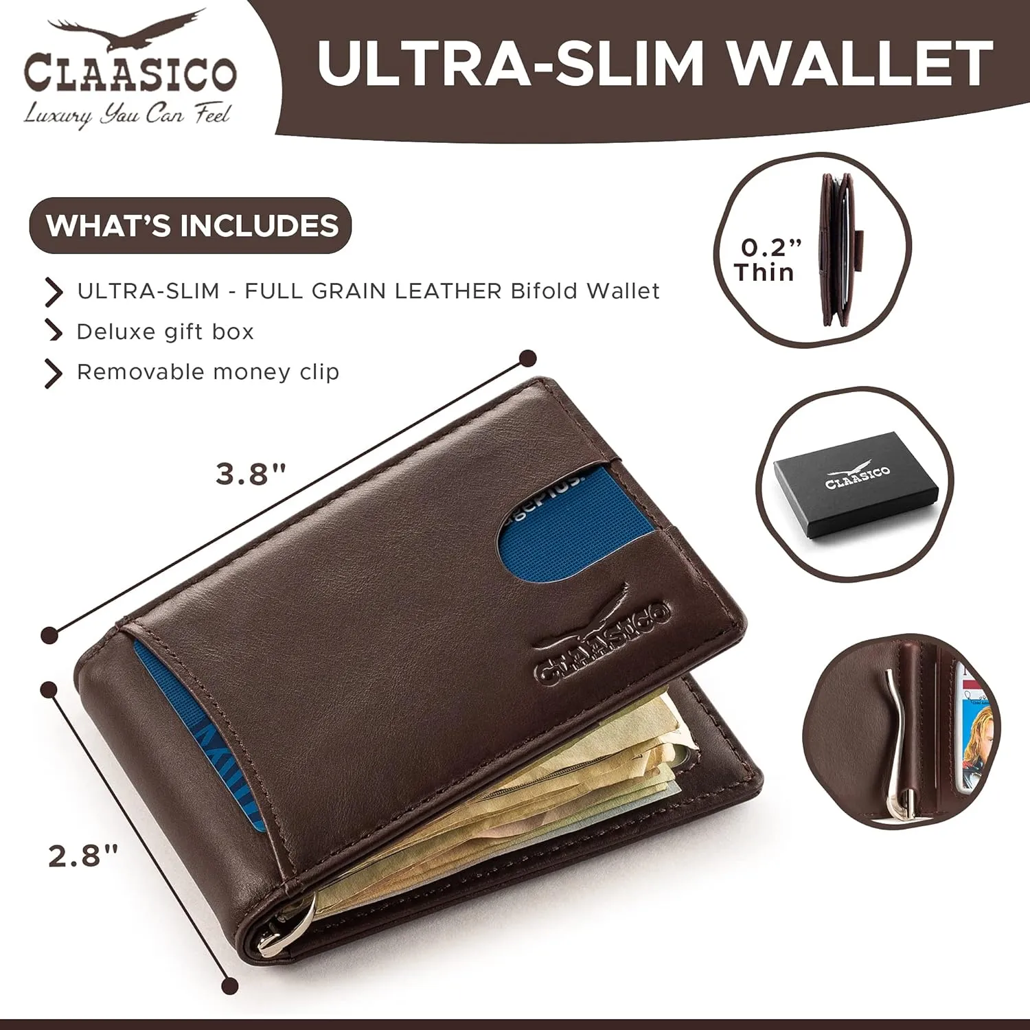 Super Slim RFID Leather Wallet For Men Cardholder & Money Clip Inside Perfect For Travel & Front Pocket Use