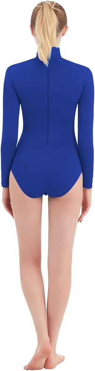 SUPRNOWA Turtleneck Leotard Long Sleeves Spandex Dance Workout Fitness Bodysuit for Women