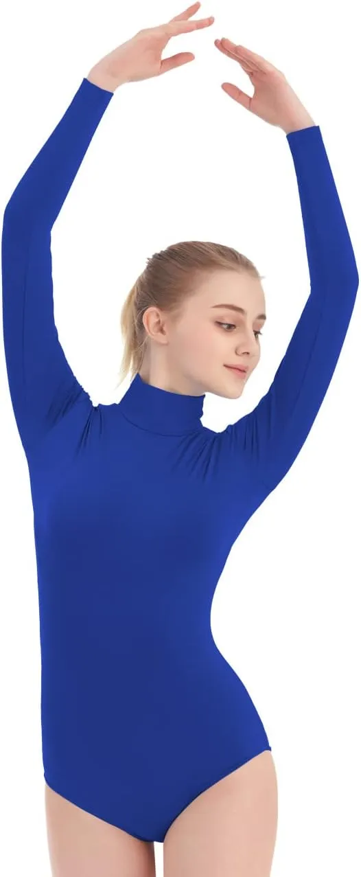 SUPRNOWA Turtleneck Leotard Long Sleeves Spandex Dance Workout Fitness Bodysuit for Women