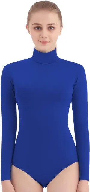 SUPRNOWA Turtleneck Leotard Long Sleeves Spandex Dance Workout Fitness Bodysuit for Women