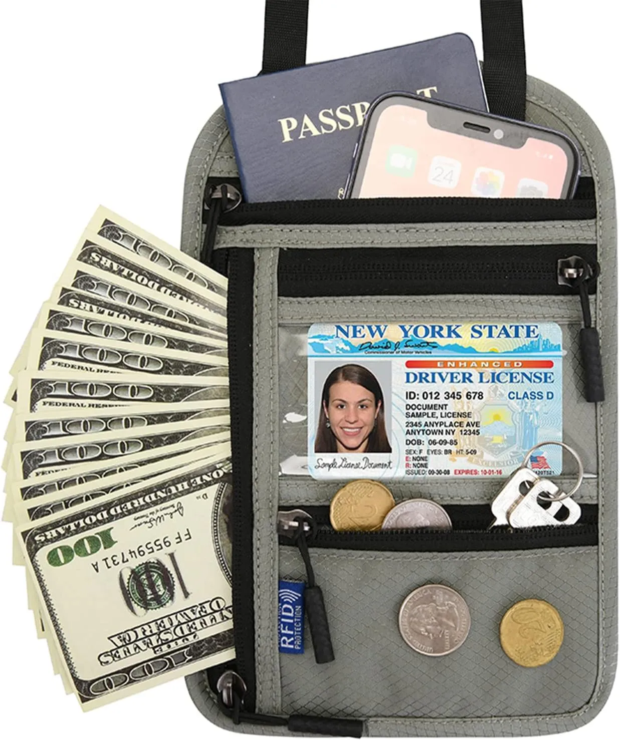 Surblue RFID Blocking Neck Wallet Travel Passport Holder Neck Pouch Vaccination Card Holder for Women & Men, Grey