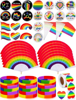 Sureio 624 Pcs Pride Rainbow Pins Buttons Pride Silicone Bracelets Rainbow Stickers Colorful Flag and Handheld Fans Lgbt Lapel Pins for Parade Party