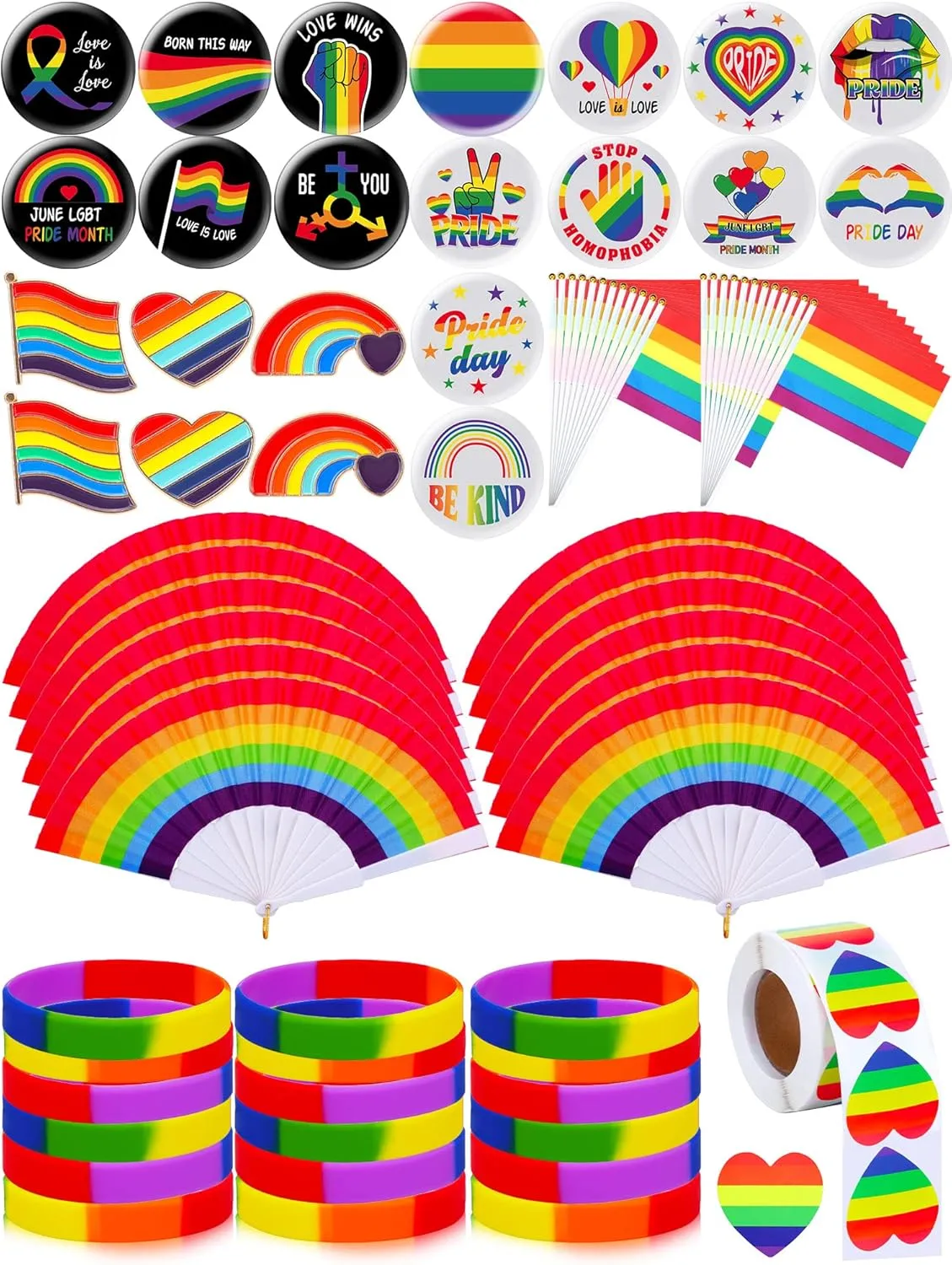 Sureio 624 Pcs Pride Rainbow Pins Buttons Pride Silicone Bracelets Rainbow Stickers Colorful Flag and Handheld Fans Lgbt Lapel Pins for Parade Party