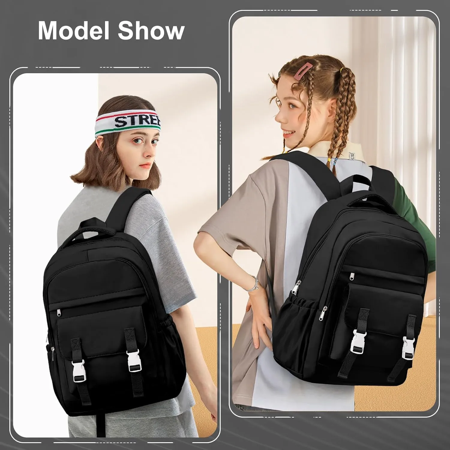 suwasp School Backpack for Girls Teen Students Bookbag - Large Capacity with 2 Compartments 15.6inch Laptop Backpacks, Women Lightweight Casual Daypack, Black