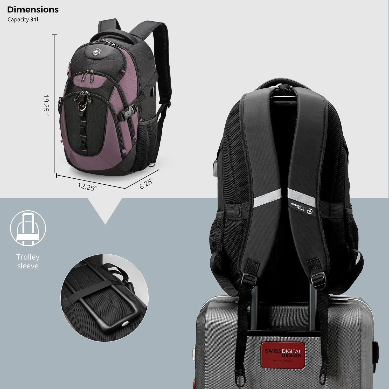 Swissdigital Design Business Laptop Backpack with Smart USB Charging Port, Travel Backpack Fits 15.6 inches Laptops, Water Repellent College Backpack for Women, Light Purple/Black | SD803