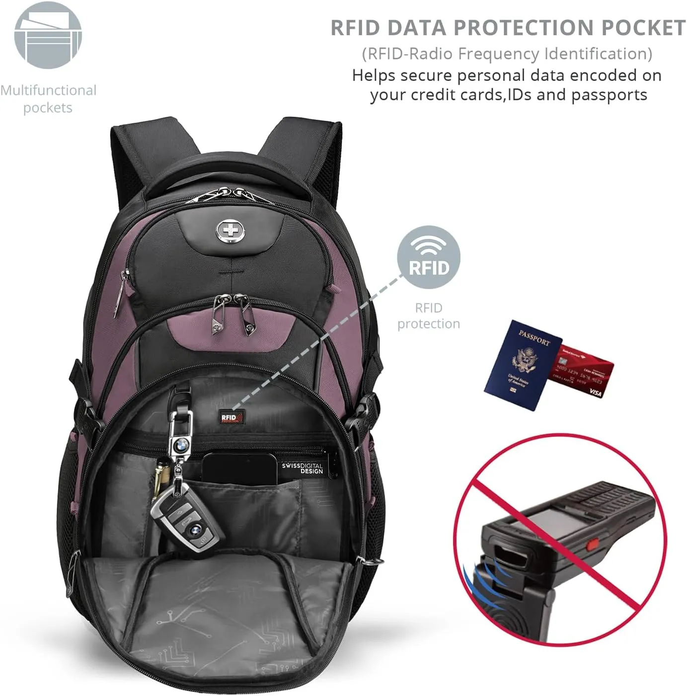 Swissdigital Design Business Laptop Backpack with Smart USB Charging Port, Travel Backpack Fits 15.6 inches Laptops, Water Repellent College Backpack for Women, Light Purple/Black | SD803