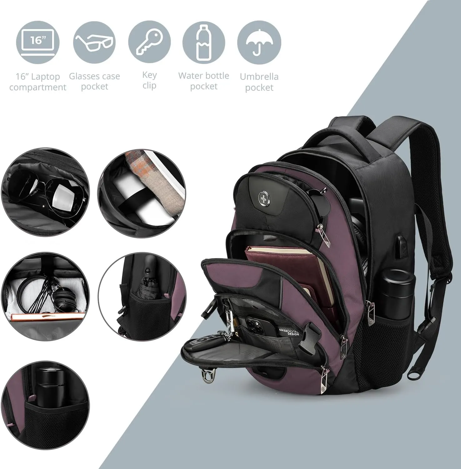 Swissdigital Design Business Laptop Backpack with Smart USB Charging Port, Travel Backpack Fits 15.6 inches Laptops, Water Repellent College Backpack for Women, Light Purple/Black | SD803