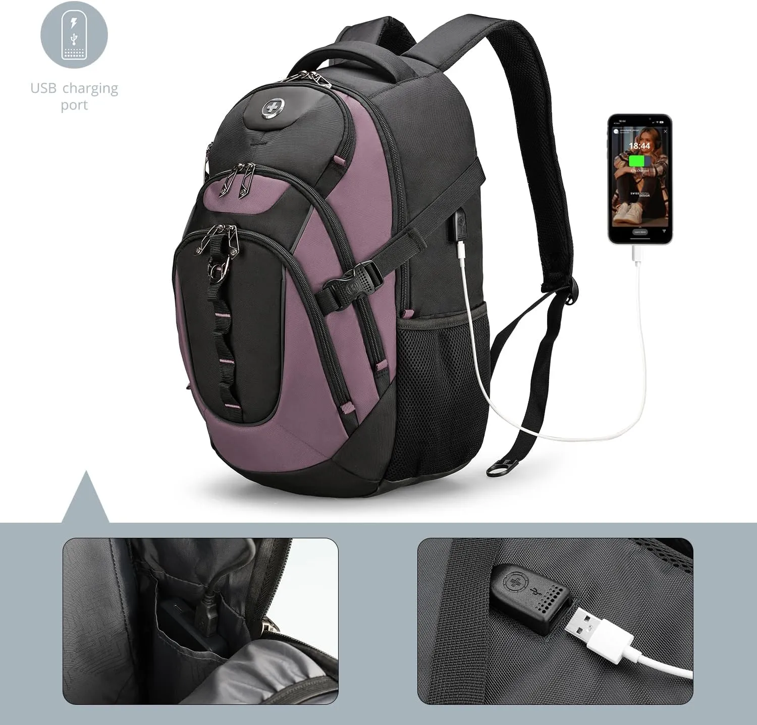 Swissdigital Design Business Laptop Backpack with Smart USB Charging Port, Travel Backpack Fits 15.6 inches Laptops, Water Repellent College Backpack for Women, Light Purple/Black | SD803