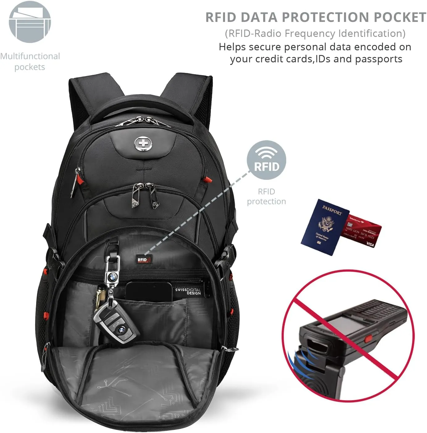 Swissdigital Travel Backpack for Men with Apple Find My, Laptop Backpack with USB Charging Port, RFID Protection, Add-A-Bag System - Extra Large Travel Backpack for Men Women