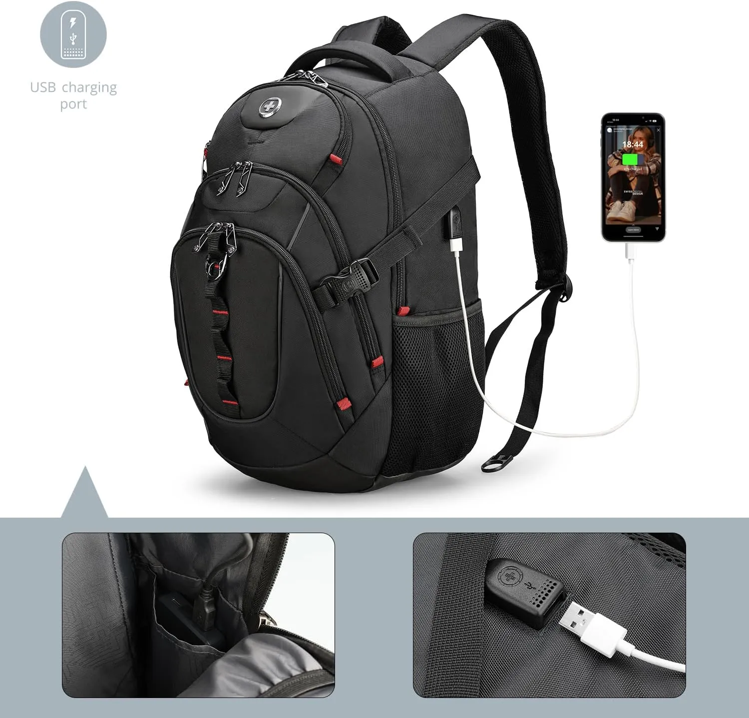 Swissdigital Travel Backpack for Men with Apple Find My, Laptop Backpack with USB Charging Port, RFID Protection, Add-A-Bag System - Extra Large Travel Backpack for Men Women