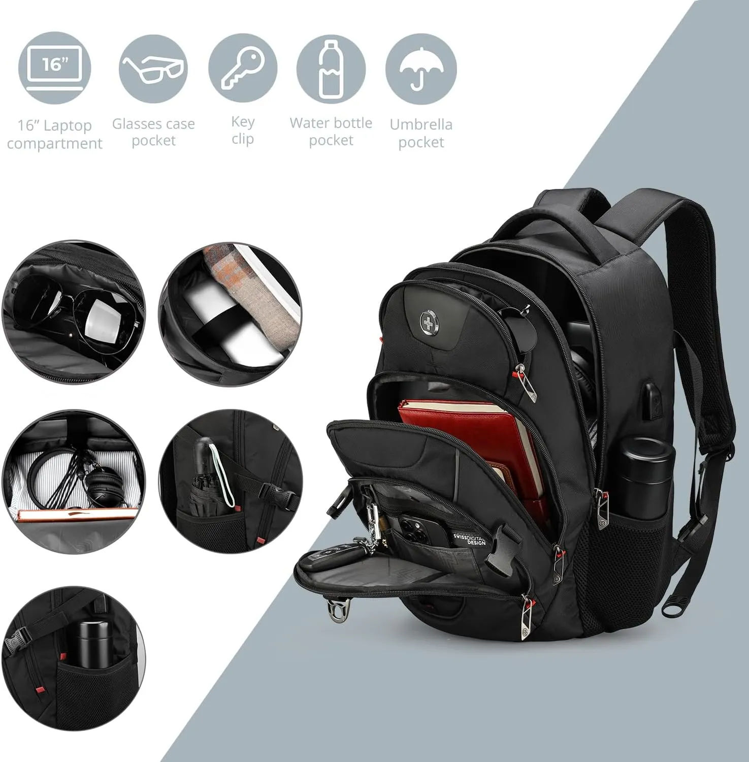 Swissdigital Travel Backpack for Men with Apple Find My, Laptop Backpack with USB Charging Port, RFID Protection, Add-A-Bag System - Extra Large Travel Backpack for Men Women
