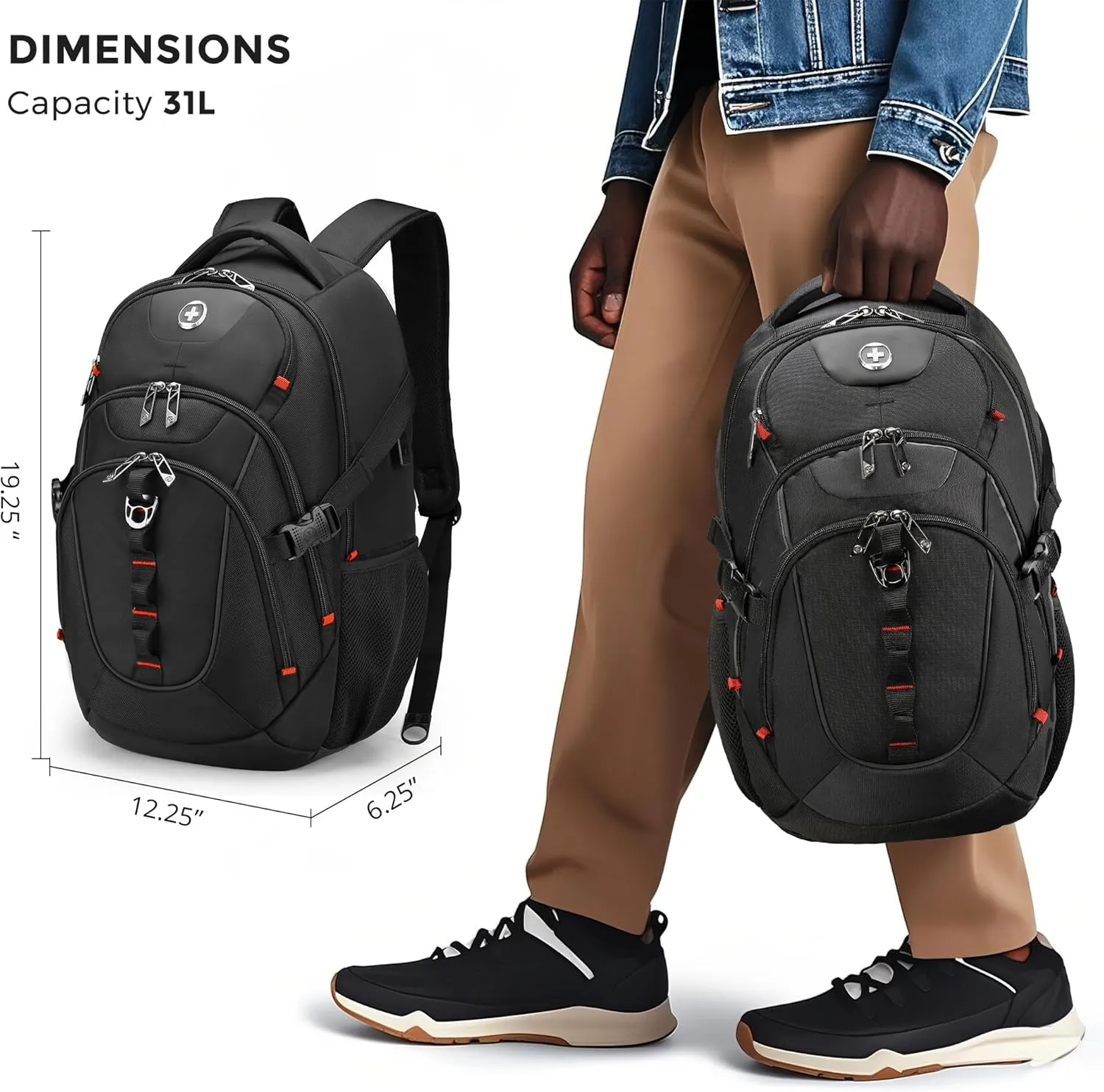 Swissdigital Travel Backpack for Men with Apple Find My, Laptop Backpack with USB Charging Port, RFID Protection, Add-A-Bag System - Extra Large Travel Backpack for Men Women