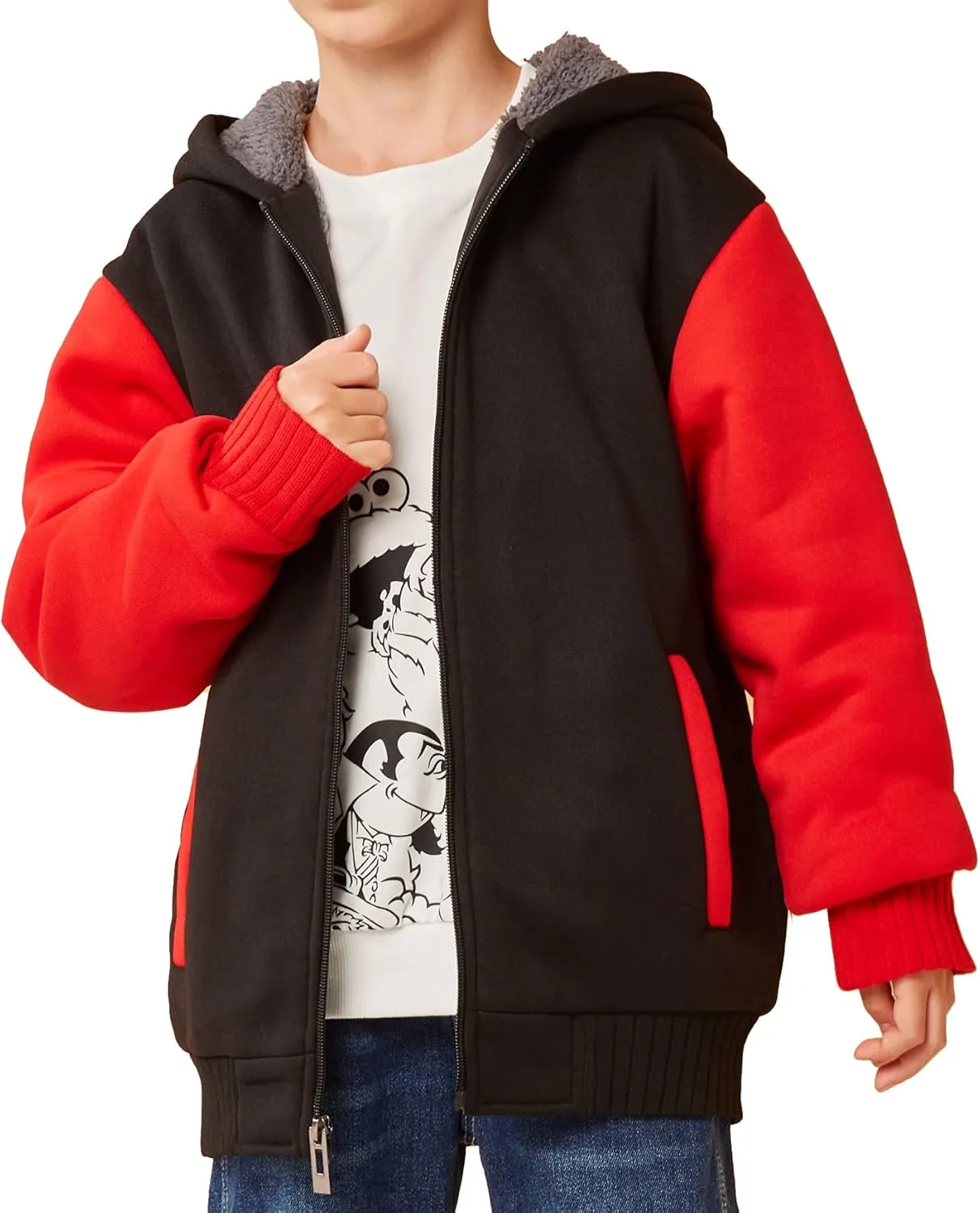 SWISSWELL Hooded Jacket for Boys Full Zip Ultra Soft Sherpa Fleece Hoodie Sweatshirt for Kids School Hooded Outerwear