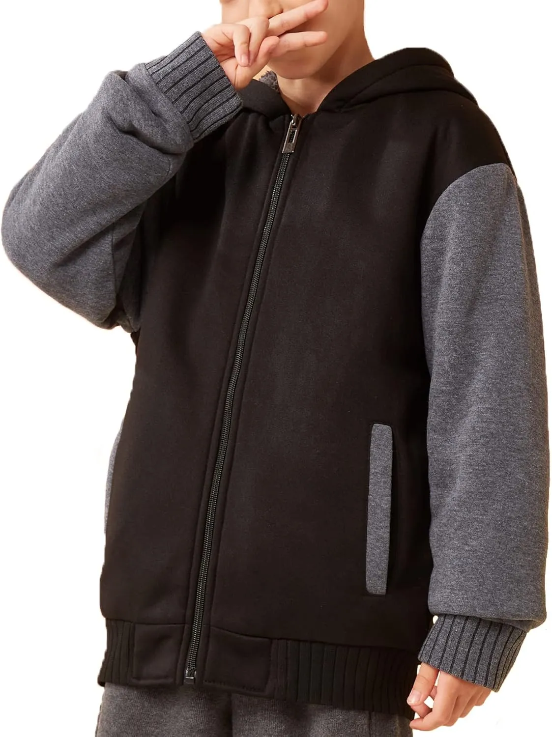SWISSWELL Hooded Jacket for Boys Full Zip Ultra Soft Sherpa Fleece Hoodie Sweatshirt for Kids School Hooded Outerwear