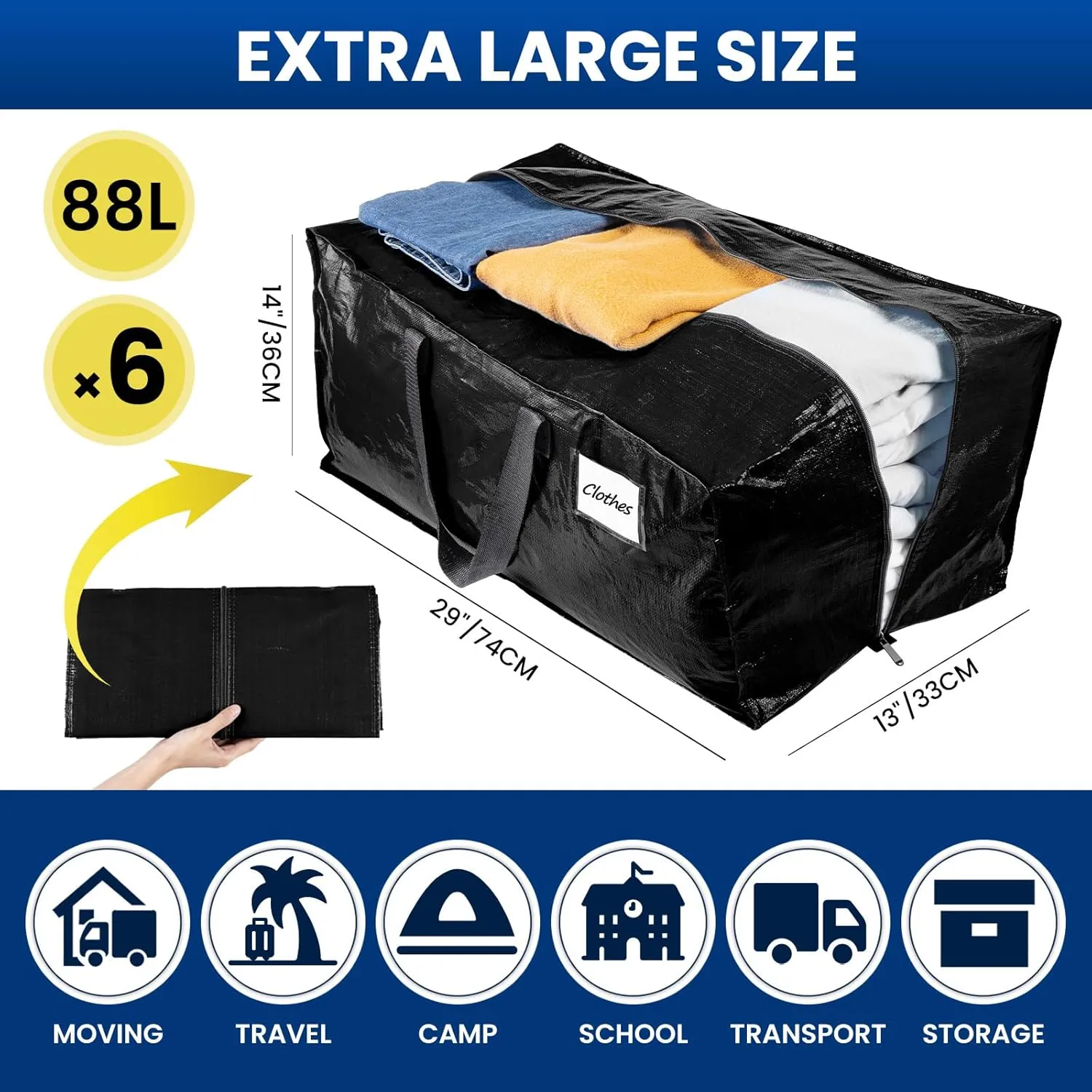 TAILI Heavy Duty Moving Bags, Clothing Storage Bags with Sturdy Zipper and Strong Handles, Black Clothes Storage Bins, Extra Large Tote for Moving Supplies, Better than Boxes (6-Pack)