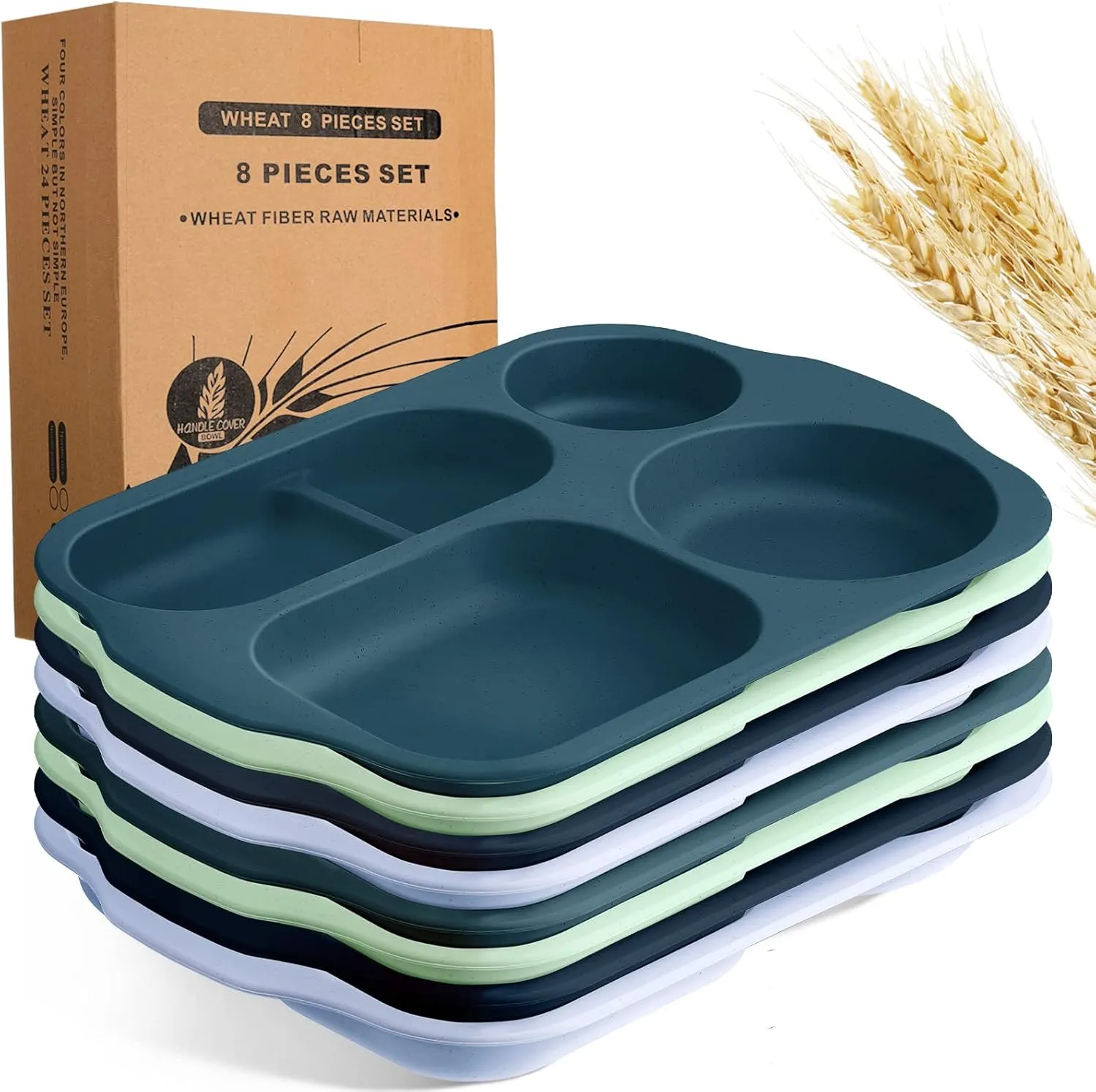 Talanade 8 Pcs Large 12 Inch Unbreakable Divided Plates Section Plates 5 Compartment Toddlers Lunch Trays for Adults Microwave Dishwasher Safe(Multicolor)