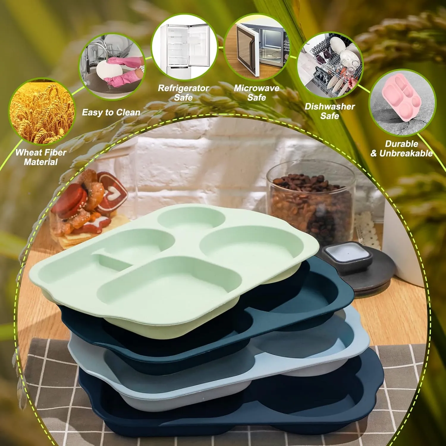 Talanade 8 Pcs Large 12 Inch Unbreakable Divided Plates Section Plates 5 Compartment Toddlers Lunch Trays for Adults Microwave Dishwasher Safe(Multicolor)
