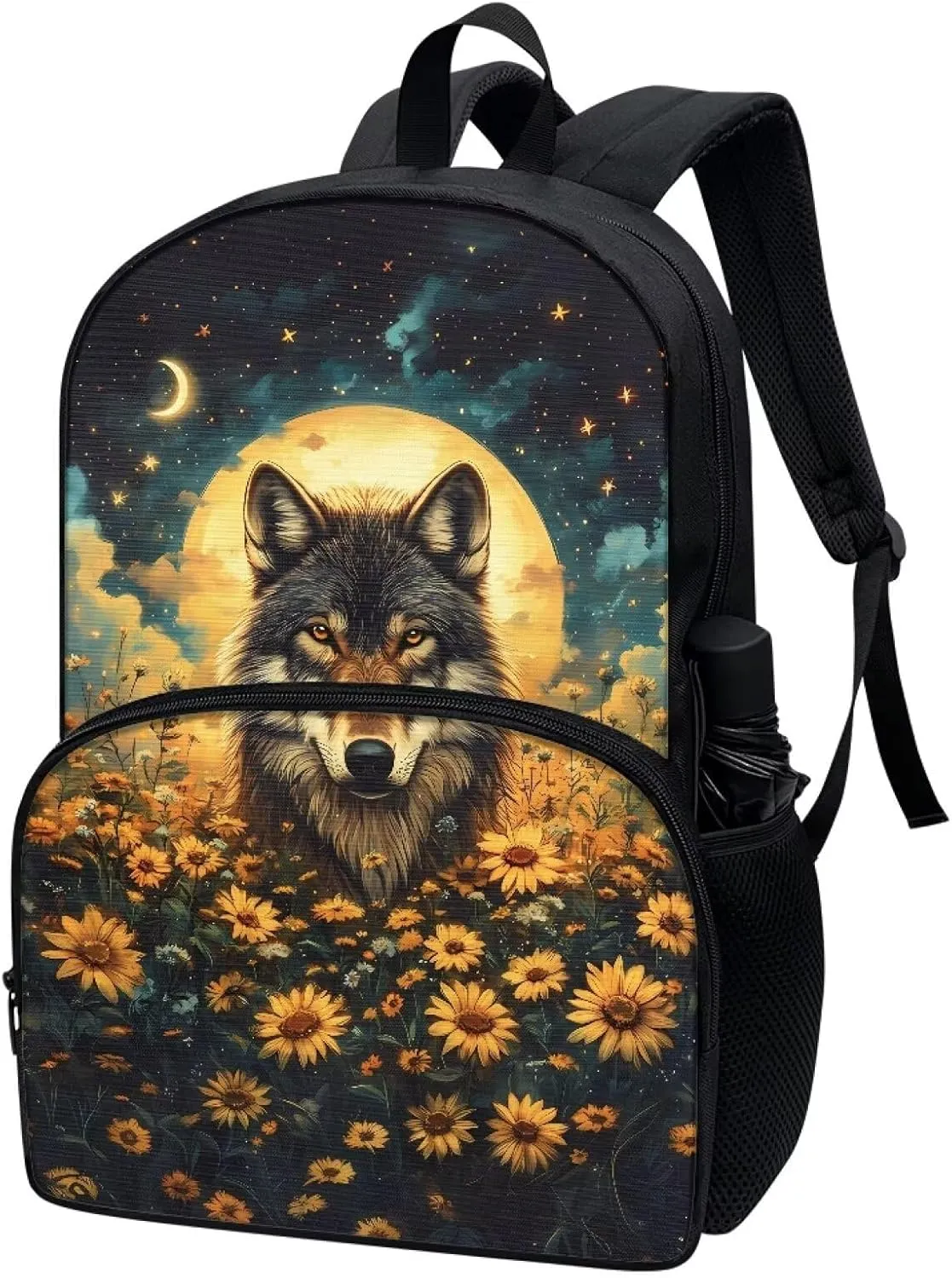 Talayituse Wolf Sunflower Moon Star Print Backpacks for Kids Girls 17 Inches Lightweight Casual Daypack Schoolbag Bookbag with Adjustable Shoulder Strap for School Travel