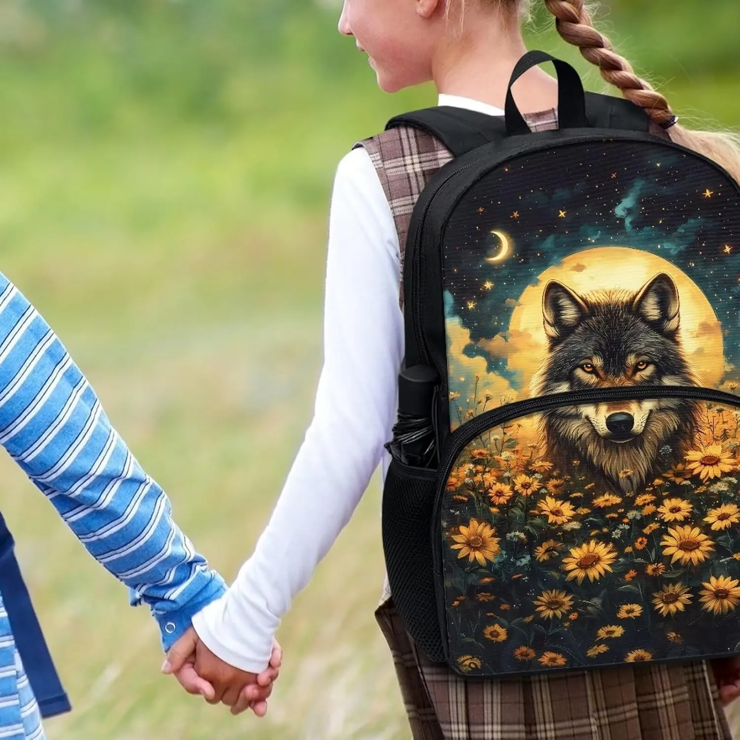 Talayituse Wolf Sunflower Moon Star Print Backpacks for Kids Girls 17 Inches Lightweight Casual Daypack Schoolbag Bookbag with Adjustable Shoulder Strap for School Travel