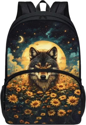 Talayituse Wolf Sunflower Moon Star Print Backpacks for Kids Girls 17 Inches Lightweight Casual Daypack Schoolbag Bookbag with Adjustable Shoulder Strap for School Travel