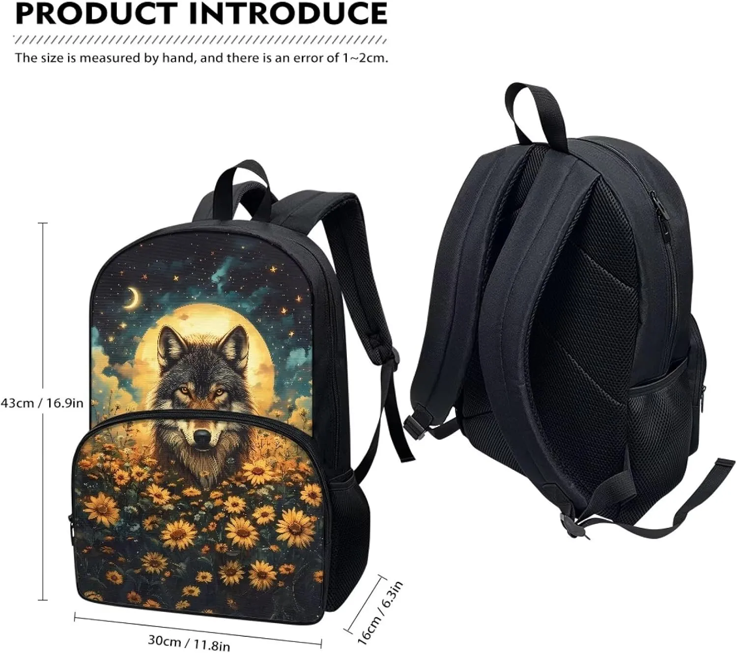 Talayituse Wolf Sunflower Moon Star Print Backpacks for Kids Girls 17 Inches Lightweight Casual Daypack Schoolbag Bookbag with Adjustable Shoulder Strap for School Travel