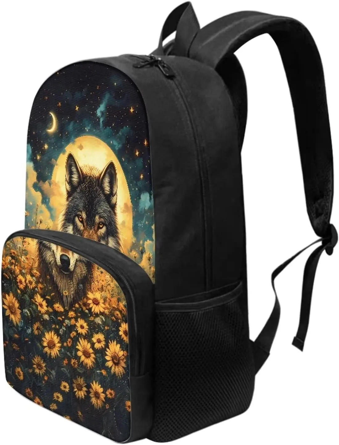 Talayituse Wolf Sunflower Moon Star Print Backpacks for Kids Girls 17 Inches Lightweight Casual Daypack Schoolbag Bookbag with Adjustable Shoulder Strap for School Travel